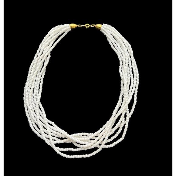 Vintage Trifari TM Necklace White Glass Seed Bead Multi Strand Bohemian Beauty - Picture 1 of 10